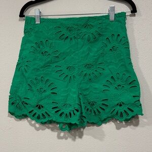 Zara Green Eyelet Scallop-Hem High Waist Shorts